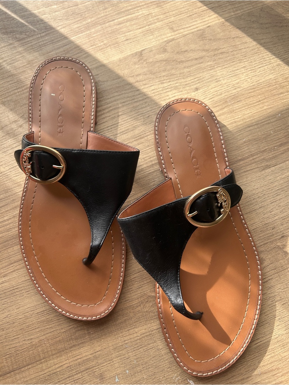 Coach Black Leather Thong Sandals with Gold Buckle Trim - Picture 2 of 5